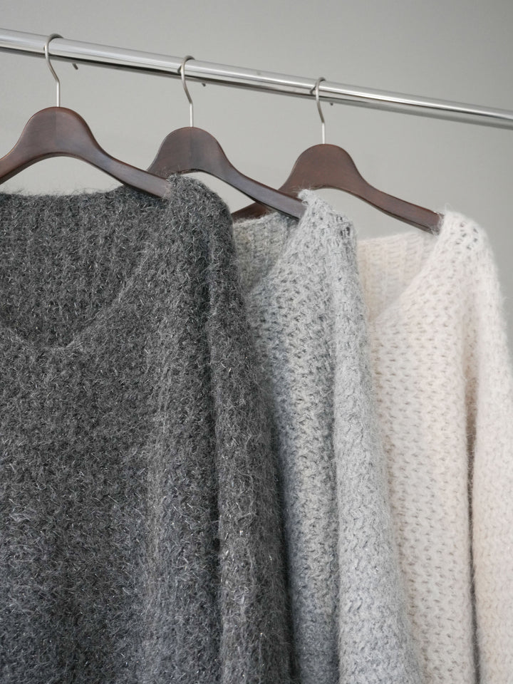 [SET]ウールタッチラメミックスヤーンVネックニットプルオーバー+チュールボリュームスカート(2set)