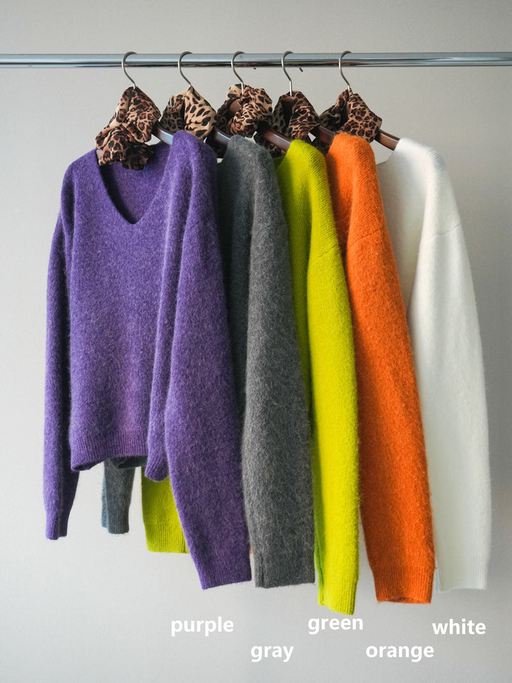 [SET]シュシュ付きアンゴラタッチVネックニットプルオーバー+ベルトデザインループコールテンワイドパンツ(ベルト付き)(2set)