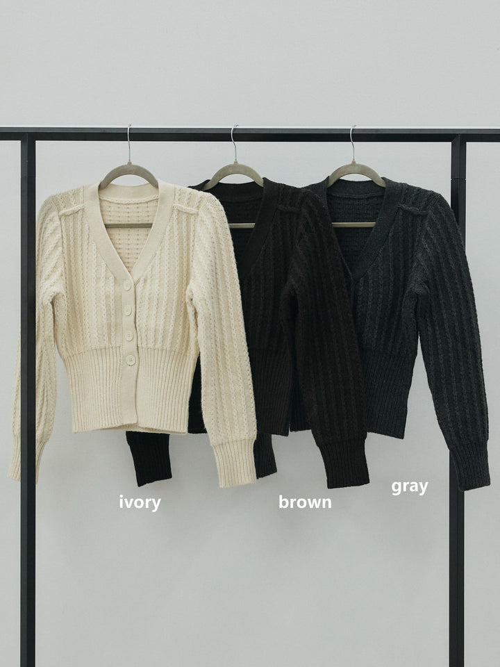 【Allure】[SET]編みこみVネックニットカーディガン+モックスカルゼサイドタックコクーンパンツ(2set)