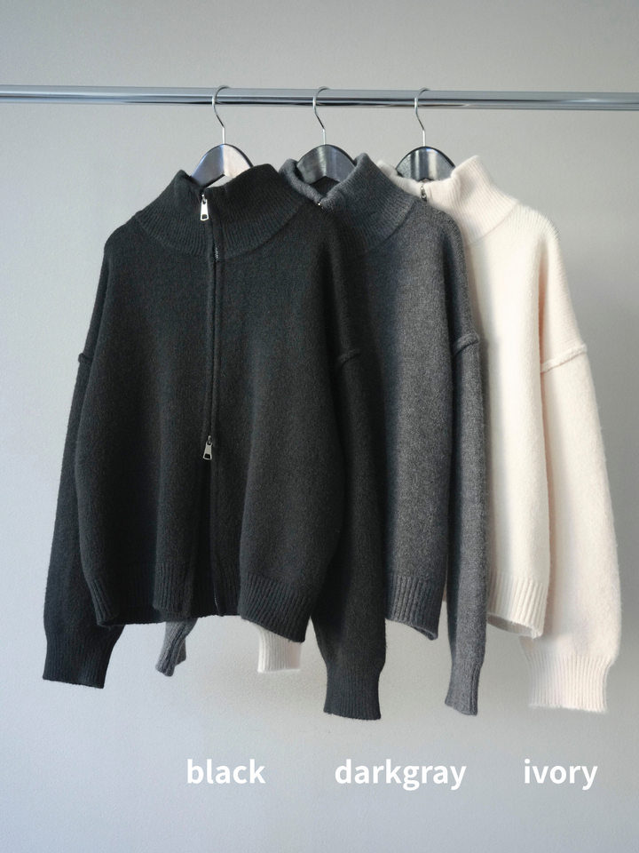 [SET]スタンドネックダブルZIPニットカーディガン+ベルトループデザインワイドパンツ(2set)