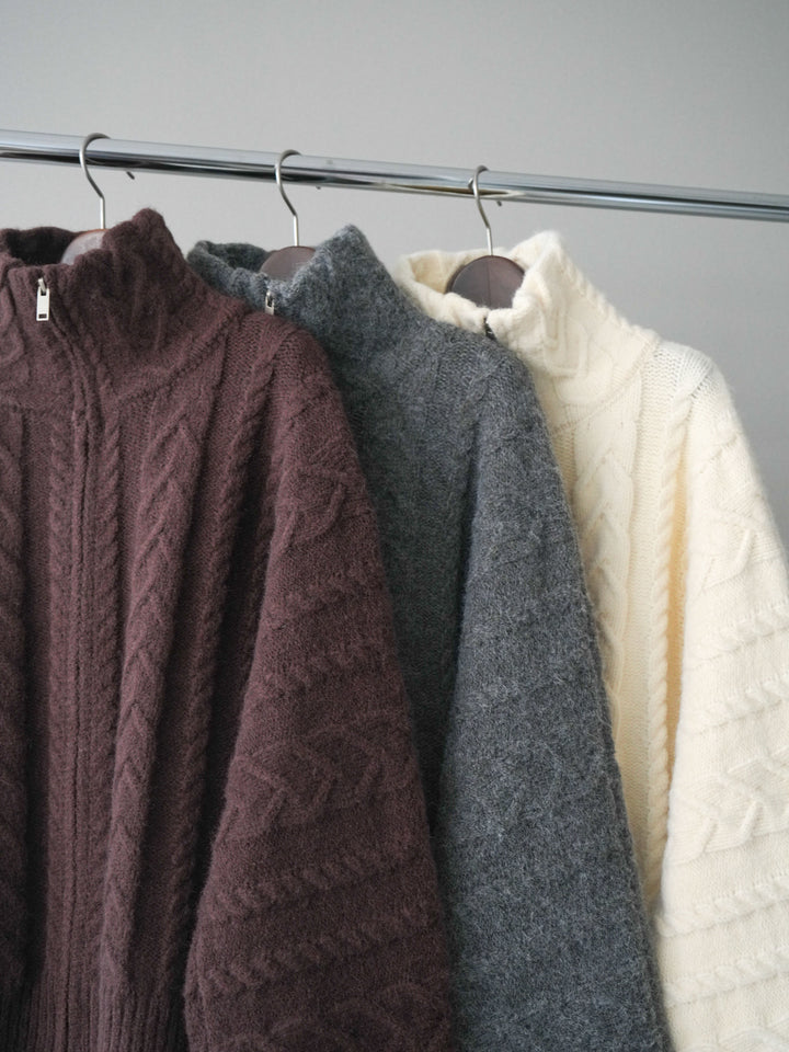 [SET]ケーブル編みハイネックZIPニットカーディガン+アニマル柄ベルト付きウールタッチワイドパンツ(2set)