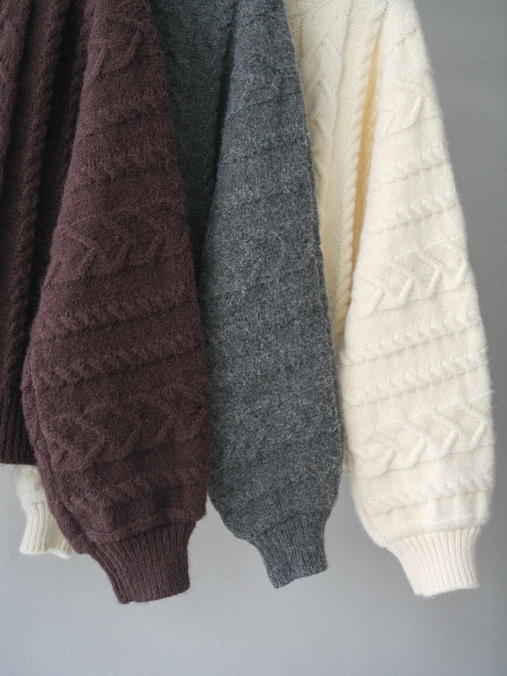 [SET]ケーブル編みハイネックZIPニットカーディガン+サイドフリンジワイドデニムパンツ(2set)