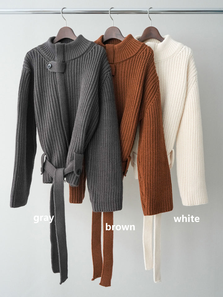 [SET]畦編みボトルネックZIPニットカーディガン+ベルト付裏起毛センターシームカーブパンツ(2set)