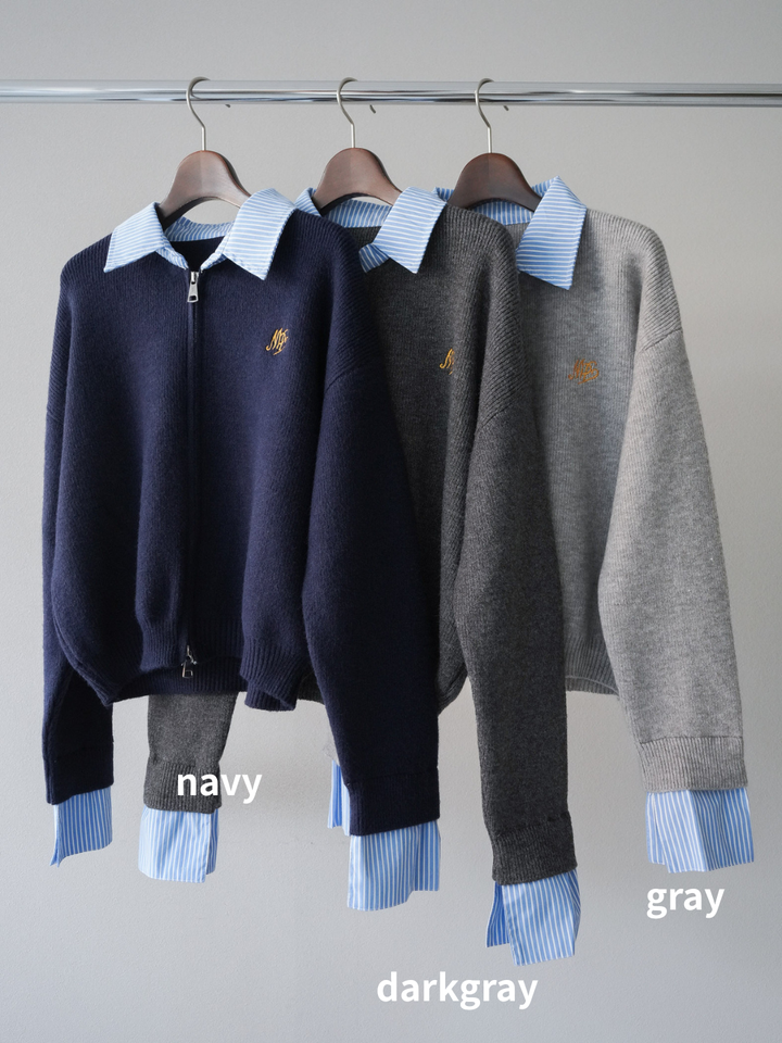 [SET]ストライプシャツレイヤードZIPニットカーディガン+ストライプシャツレイヤードZIPニットカーディガン(2set)