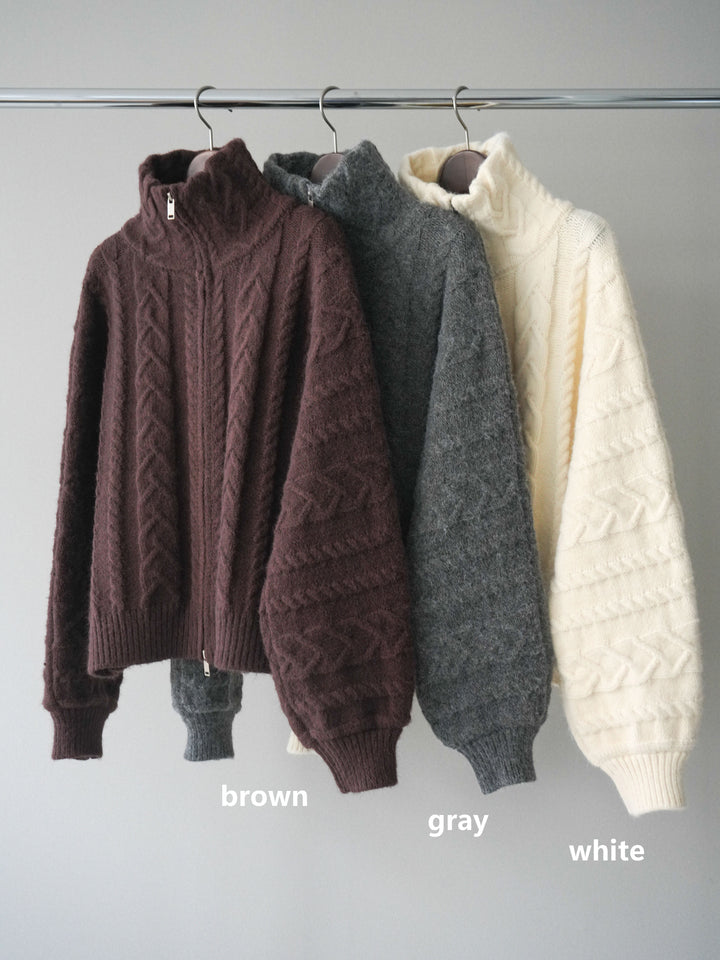 [SET]ケーブル編みハイネックZIPニットカーディガン+裾レーススウェードプリーツマキシスカート(2set)