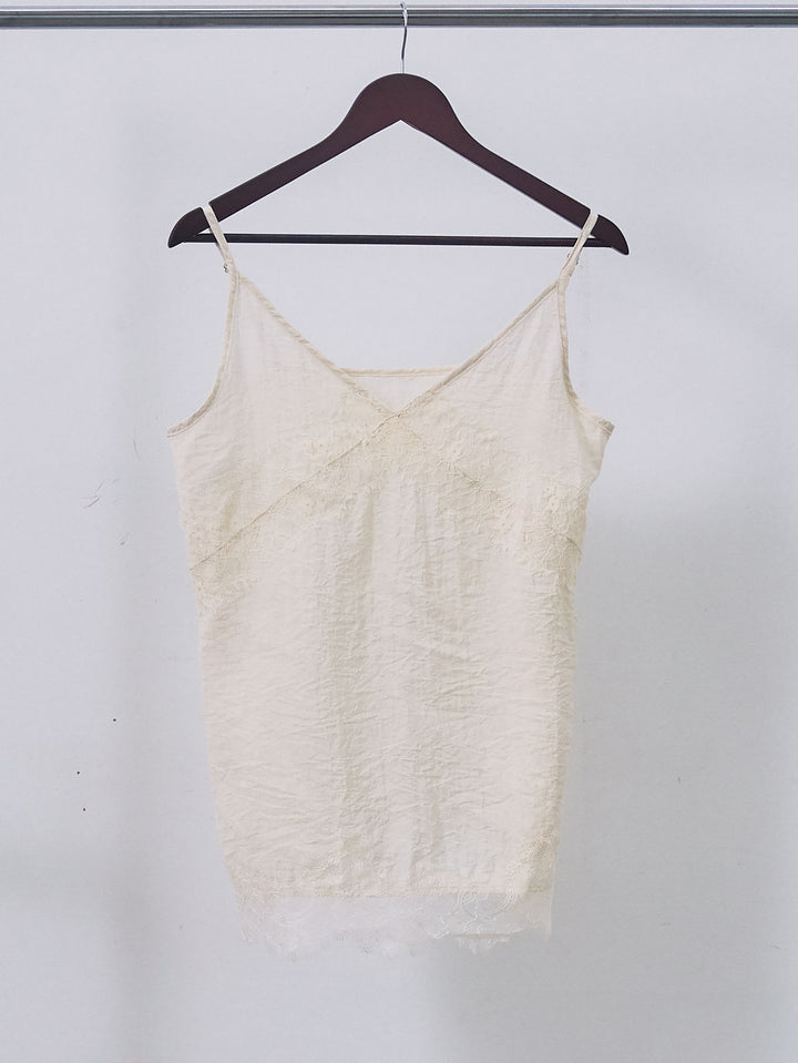 【Allure】[SET]リネンタッチレース切替キャミソール+ウエストフリンジカットオフカーブデニムパンツ(2set)