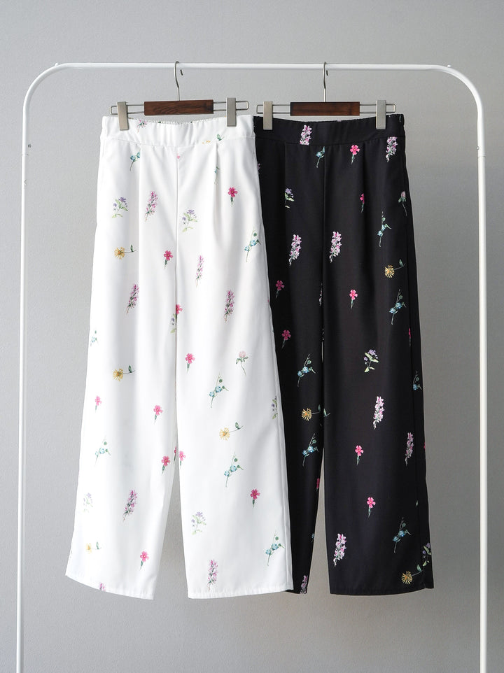 [SET]ボリュームスリーブポロニットカーディガン+フラワーアートプリントタックパンツ(2set)