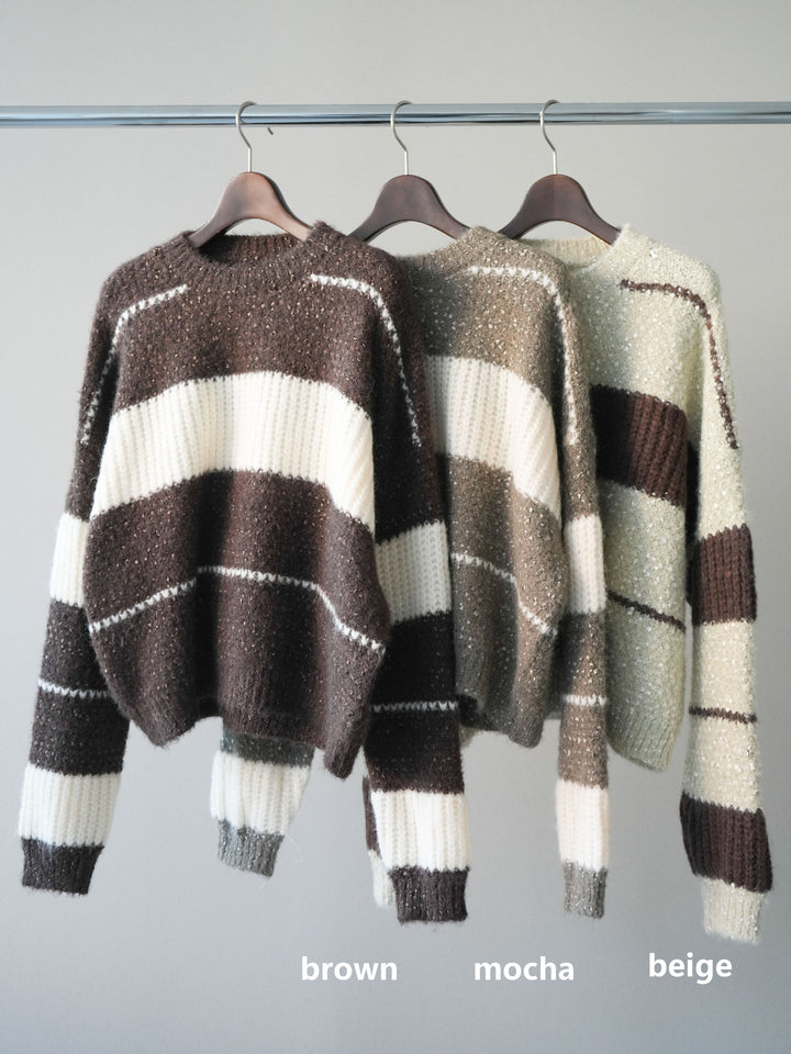 [SET]ネップヤーンボーダーニットプルオーバー+パンチングデザインスエードプリーツスカート(2set)