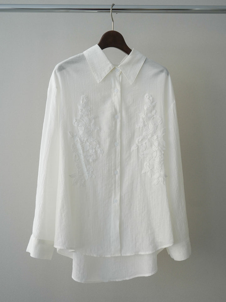 [SET]楊柳刺繍ブラウス+フロントビジューカーブデニムパンツ(2set)