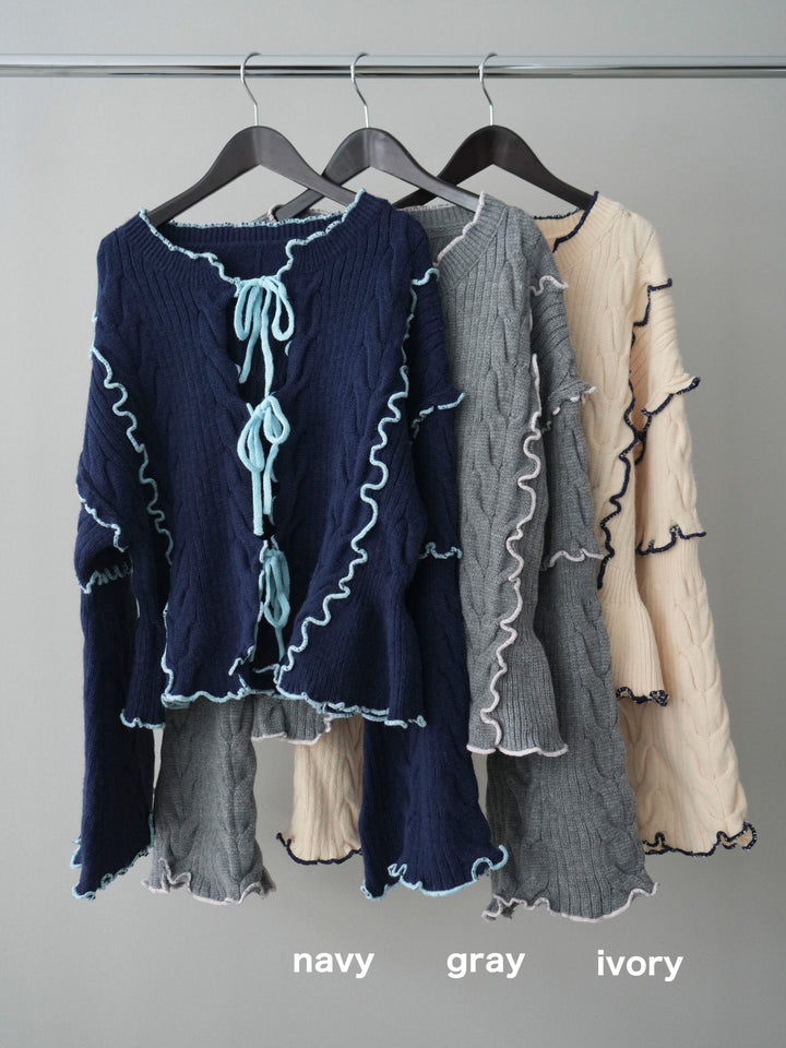 [SET]フロントリボン配色メローニットカーディガン+裏起毛裾フリンジワイドデニムパンツ(2set)