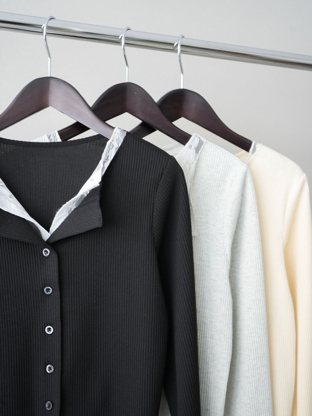 [SET]レースドッキングテレコリブカーディガン+デニム切替スウェットパンツ(2set)