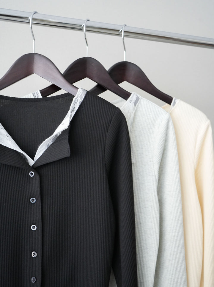 [SET]レースドッキングテレコリブカーディガン+デニム切替スウェットパンツ(2set)