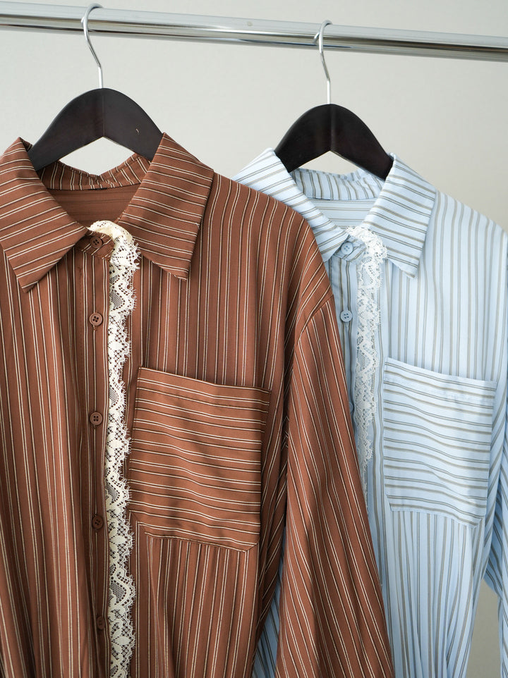 [SET]レース付ストライプウエストギャザーシャツ+フリンジデザインセミフレアデニム(2set)