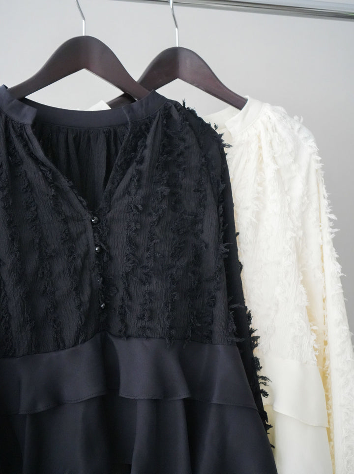 [SET]ジャガードぺプラムフリルブラウス+ダメージデニムセミワイドパンツ(2set)