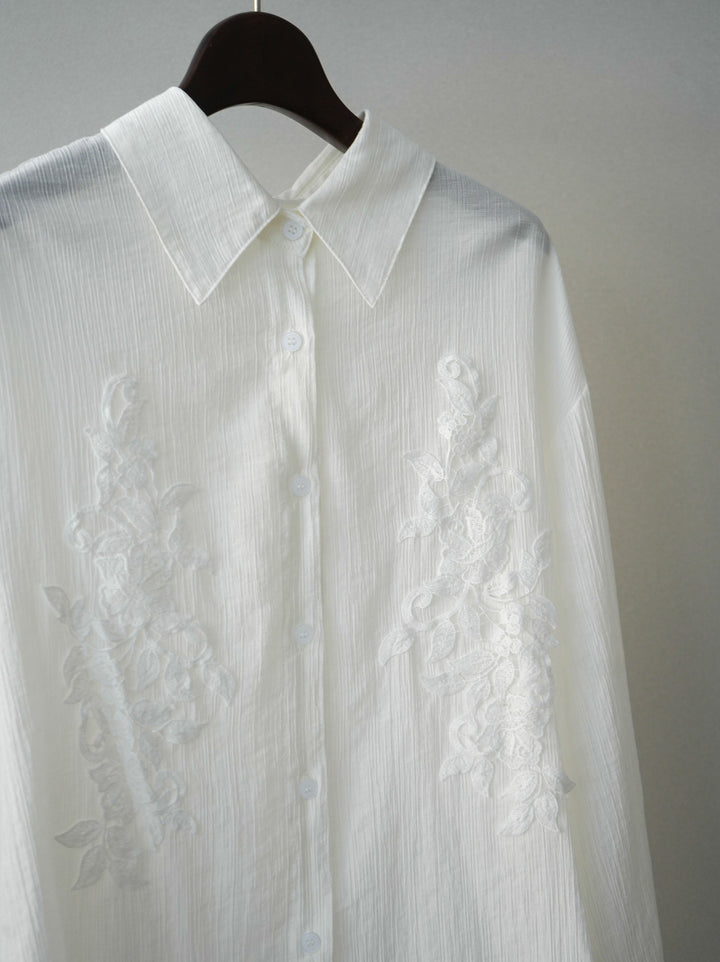 [SET]楊柳刺繍ブラウス+フロントビジューカーブデニムパンツ(2set)