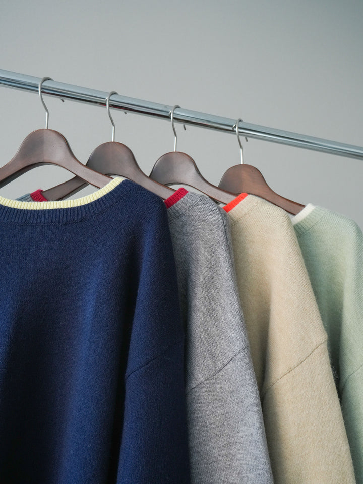 [SET]ヘンリーネック配色レイヤードニットプルオーバー+ベルトデザインループコールテンワイドパンツ(ベルト付き)(2set)