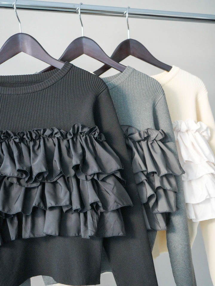 [SET]フリルビスチェドッキングスポンジニットプルオーバー+コットンタックループパンツ(2set)