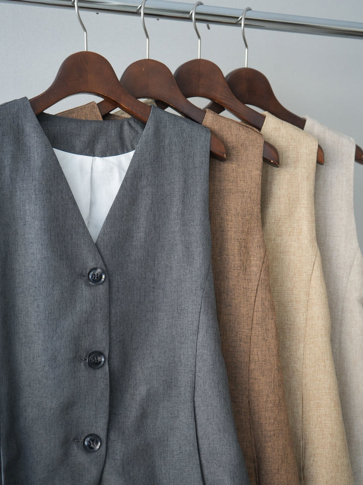 [SET]リネンライクテーラードジャケット+リネンライクバックオープンジレ+リネンライクタックワイドパンツ(3set)