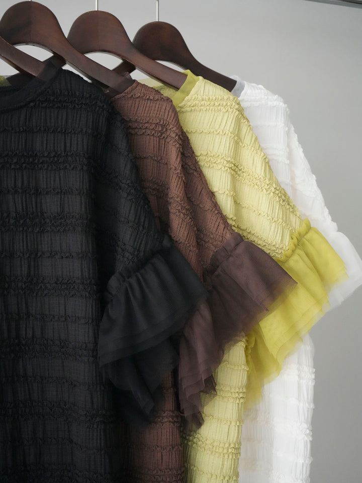 [SET]チュール袖リップルトップス+リップルIラインスカート(2set)