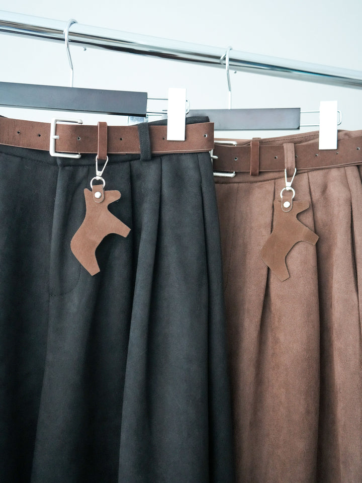 [SET]リブ切替メランジニットカーディガン+モチーフベルト付スエードタックワイドパンツ(2set)