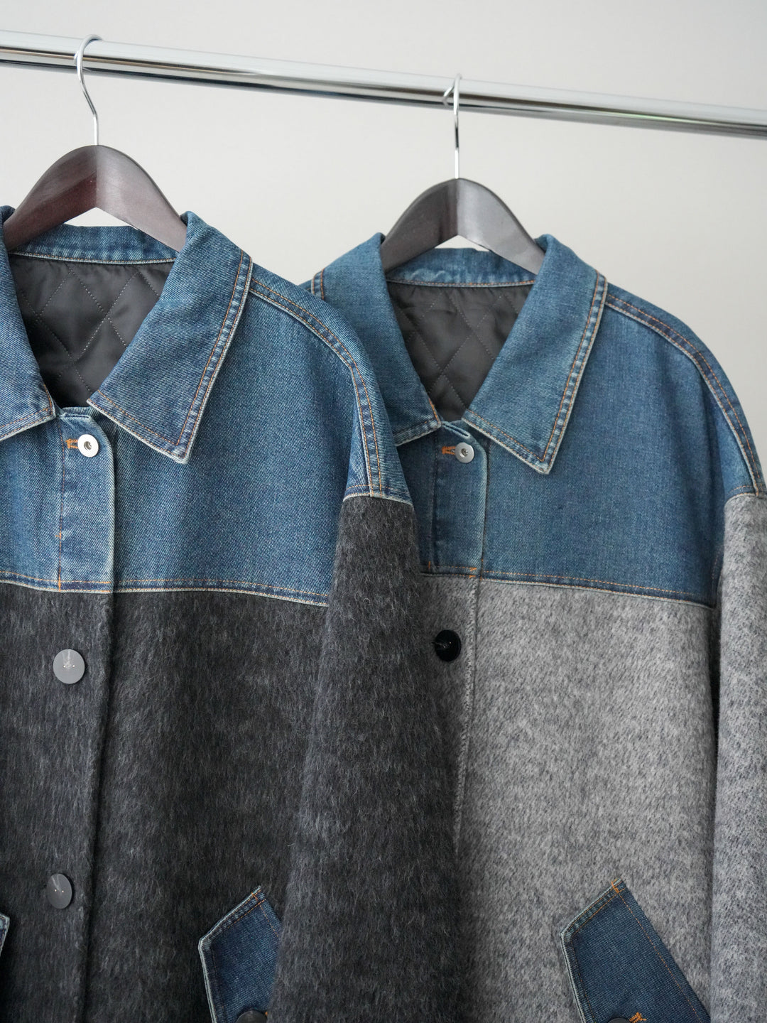 [SET]デニム切替シャギーステンカラーコート+ウールタッチベルト付ミニスカート(2set)