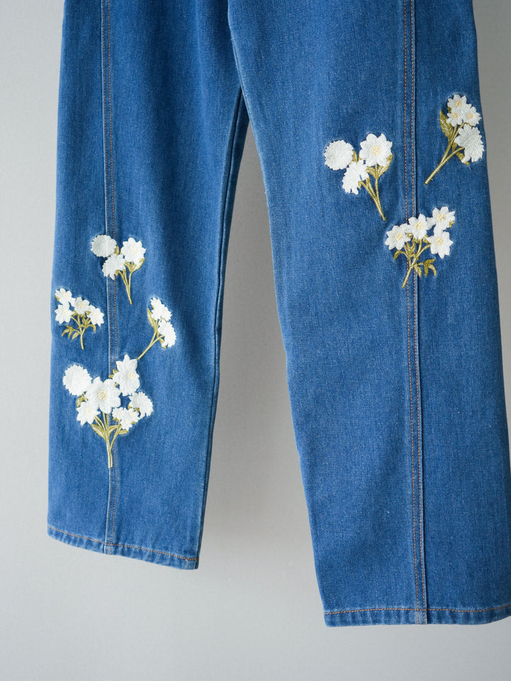 [SET]パールデザインVネックニットトップス+フラワー刺繍ストレートデニム(2set)