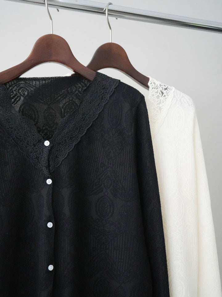 [SET]レースネックジャガードニットカーディガン+ダメージデニムセミワイドパンツ(2set)