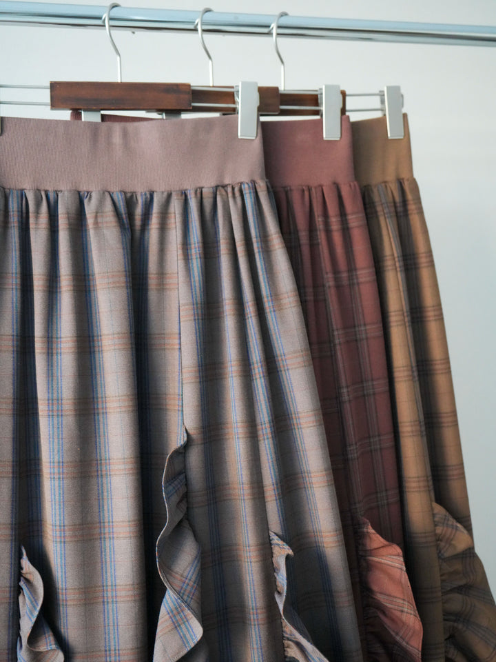 [SET]ベロアガウンジャケット+プチネックパワーショルダー起毛トップス+チェック柄フリルハイウエストマキシスカート(3set)