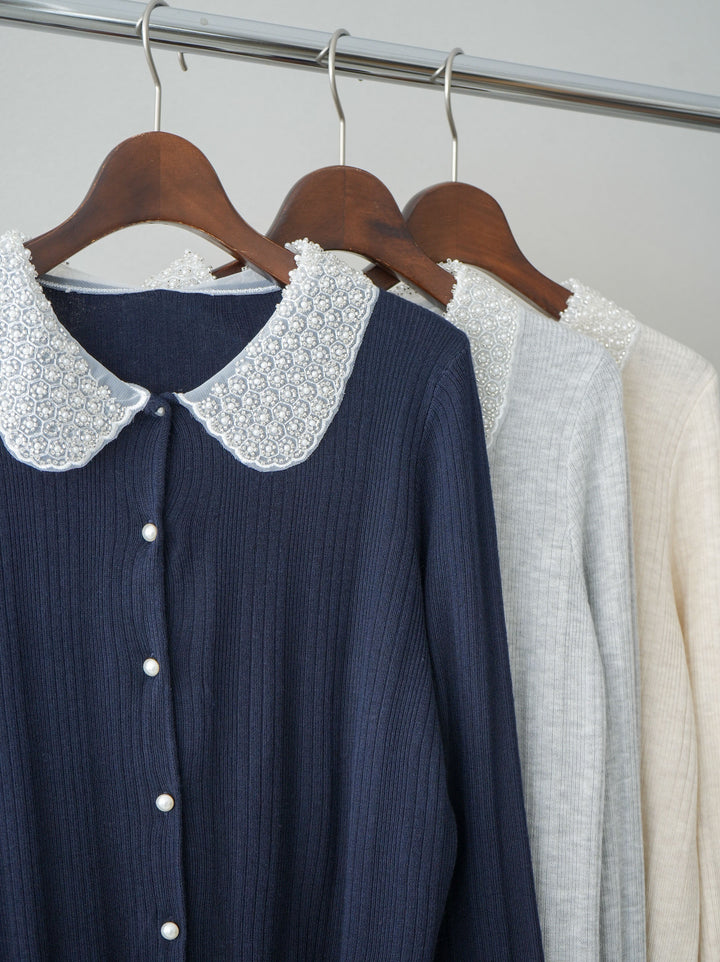 [SET]ビジュー襟パールボタンニットカーディガン+編み込みベルト付タックワイドパンツ(2set)