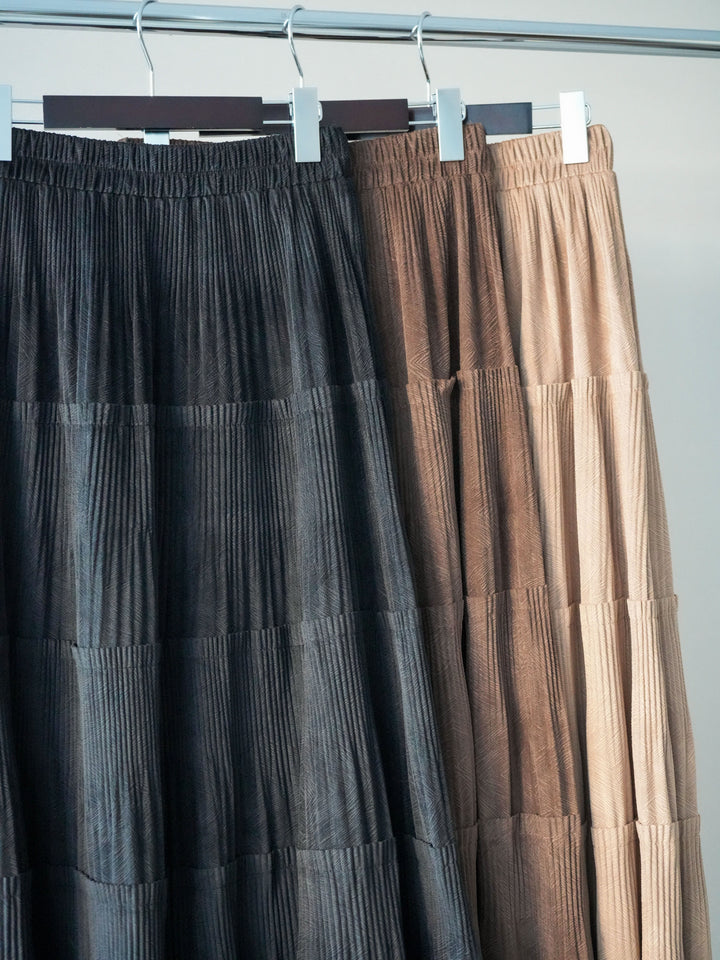 [SET]Vネック配色レイヤードスリットニットトップス+型押しスエードティアードプリーツスカート(2set)