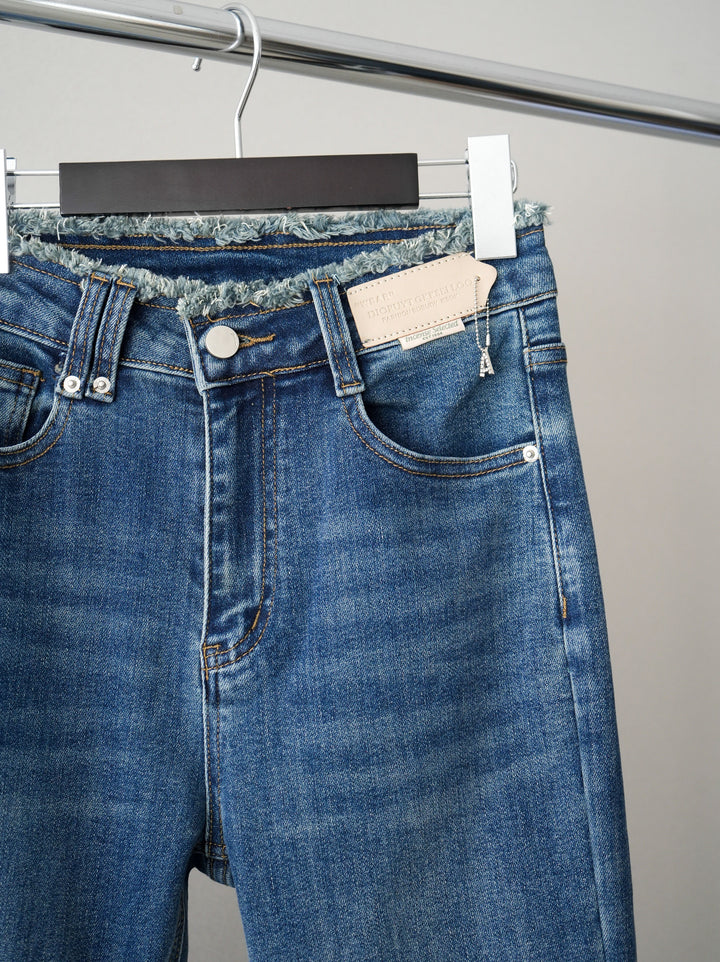 [SET]レースレイヤードデニム開襟シャツ+フリンジデザインセミフレアデニム(2set)