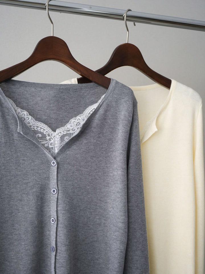 [SET]レースレイヤードニットカーディガン+アシメデザインワイドデニムパンツ(2set)