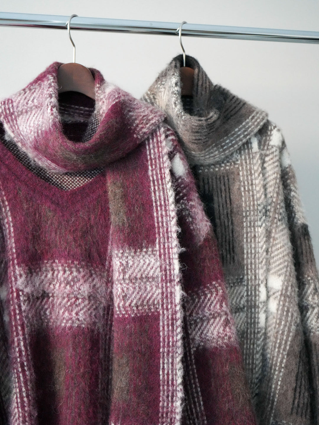 [SET]ストール付シャギーチェックニットプルオーバー+ベルトループデザインワイドパンツ(2set)