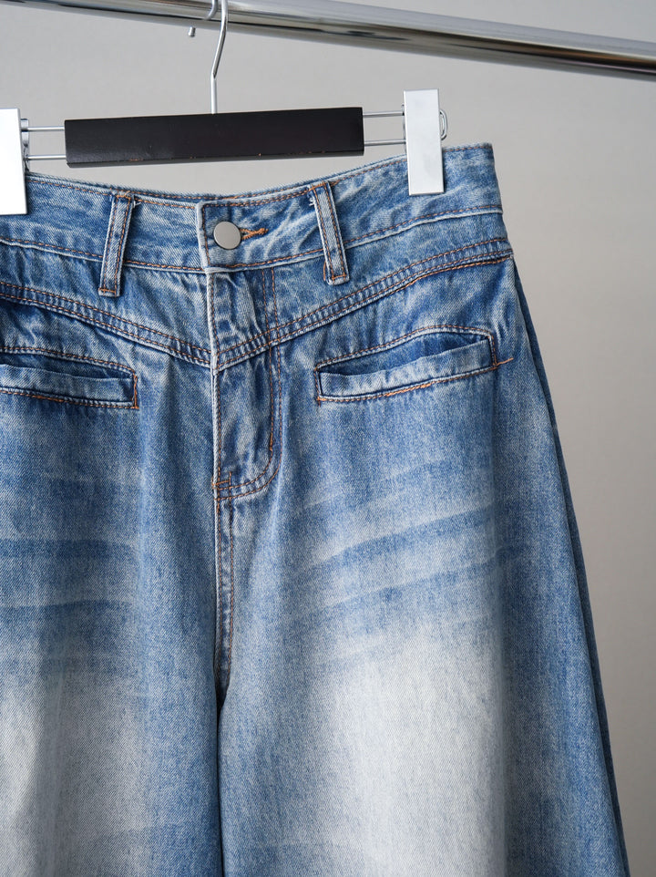 [SET]チュールレイヤードデザインボーダーニットトップス+フロントポケットサイドタックワイドデニム(2set)