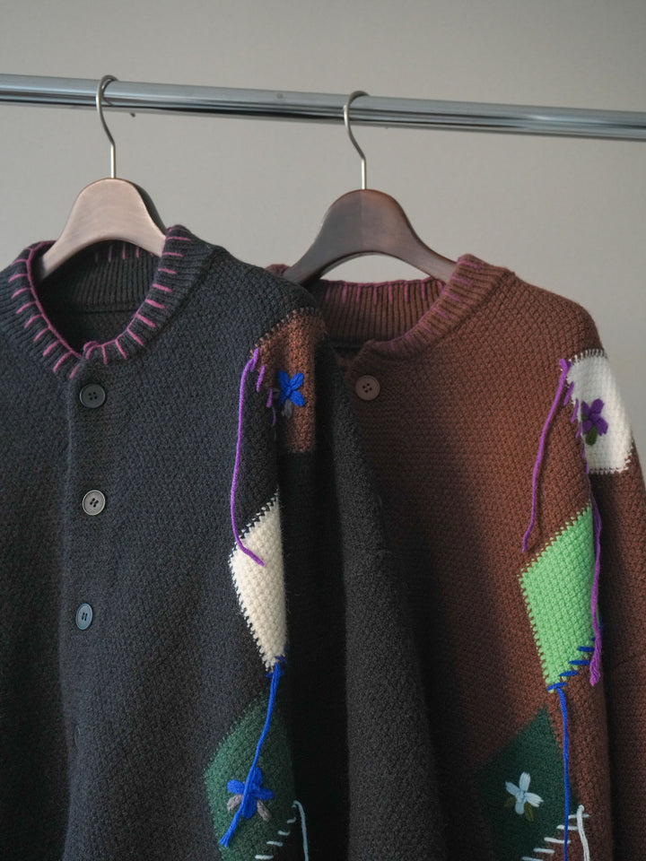 [SET]ハンドステッチアーガイルデザインニットカーディガン+フラワーフロッキーチュールプリーツスカート(2set)