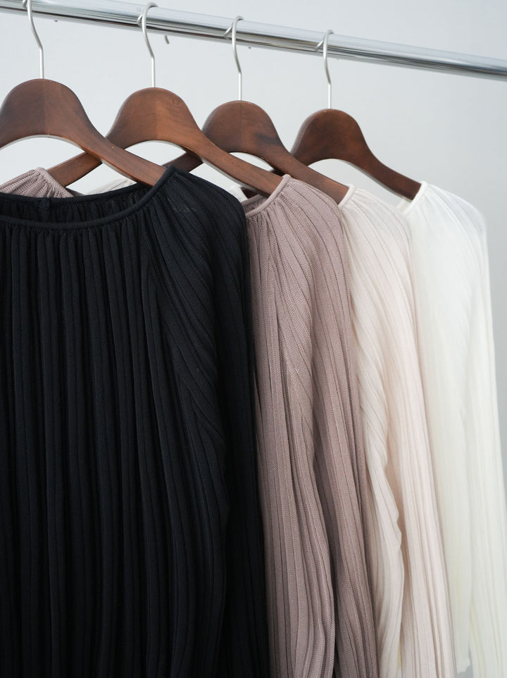 [SET]プリーツシアーフレアスリーブニットトップス+センターシームフレアパンツ+サテンライクアシメレーススカート(3set)