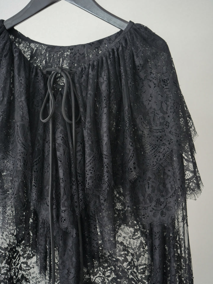 [SET]ビックカラーラッフルレーストップス+デニム切替スウェットパンツ(2set)