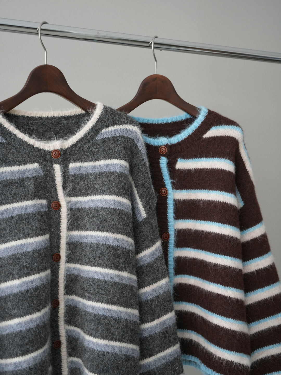 [SET]ウールタッチ配色ボーダーニットカーディガン+ウールタッチ配色ボーダーニットカーディガン(2set)