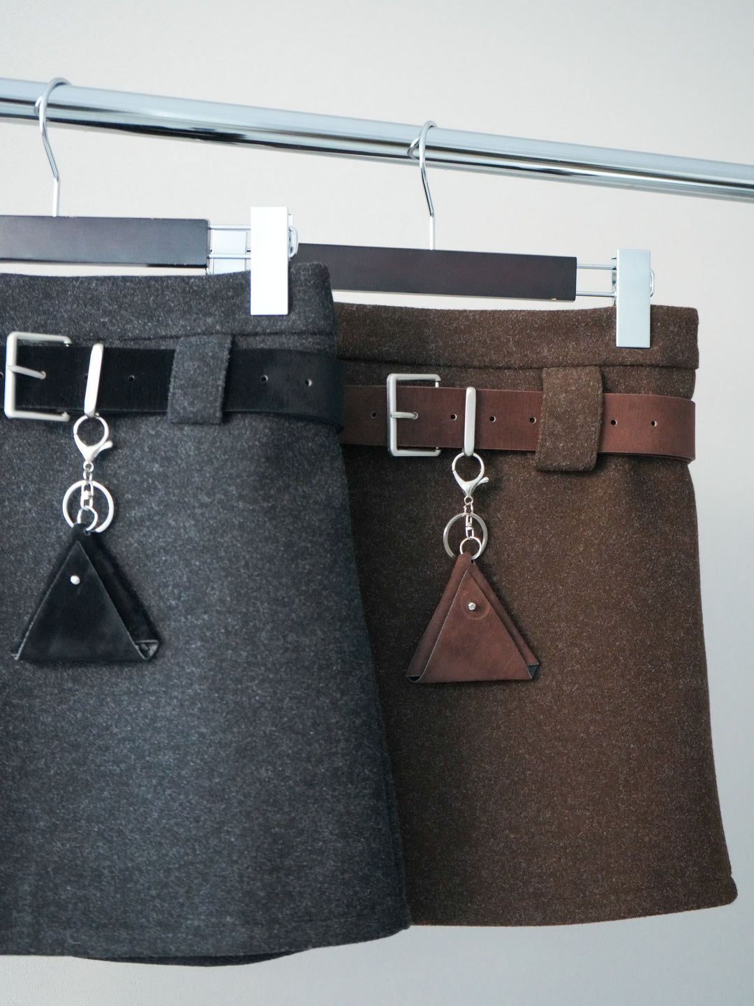 [SET]デニム切替シャギーステンカラーコート+ウールタッチベルト付ミニスカート(2set)