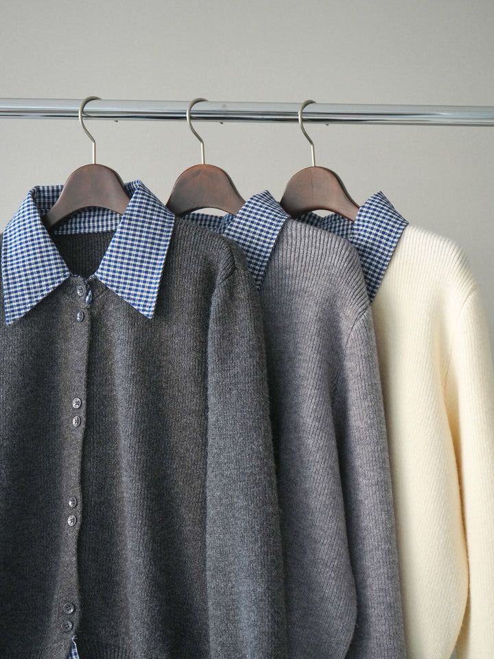 [SET]チェックシャツ襟ニットカーディガン+チュールボリュームスカート(2set)