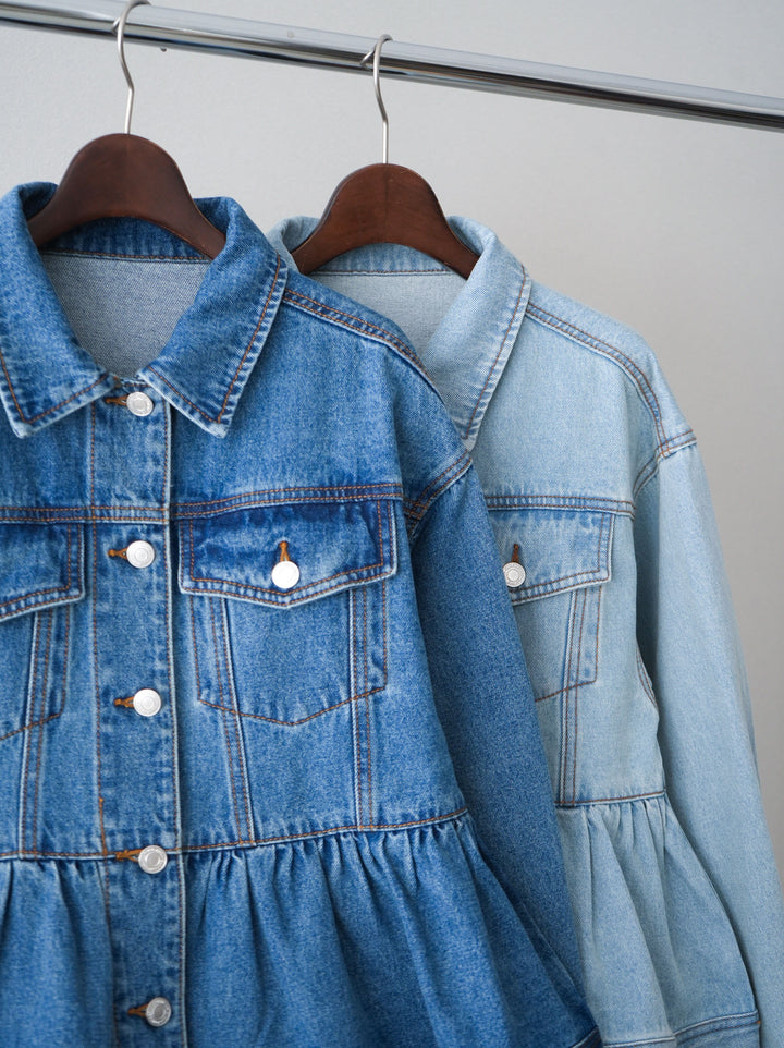 【套裝】荷葉邊牛仔外套+無袖緞面蕾絲吊帶背心+亮片褶皺多層薄紗長裙（三件套）