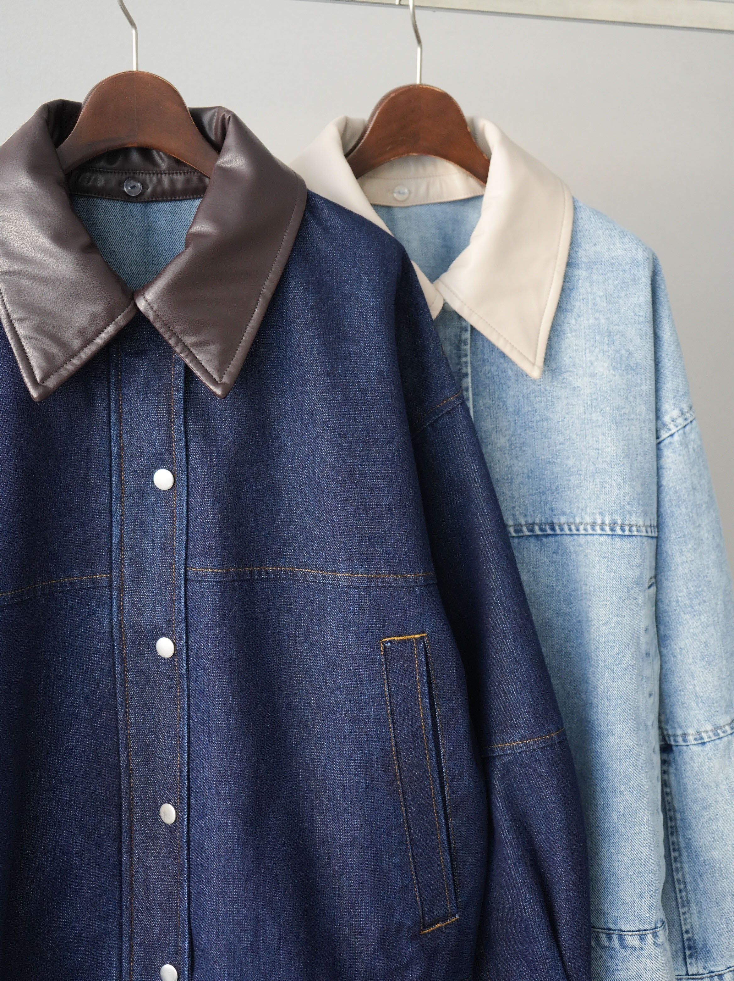 SET]配色襟レザーデニムブルゾン+ラメプリーツレイヤードチュール