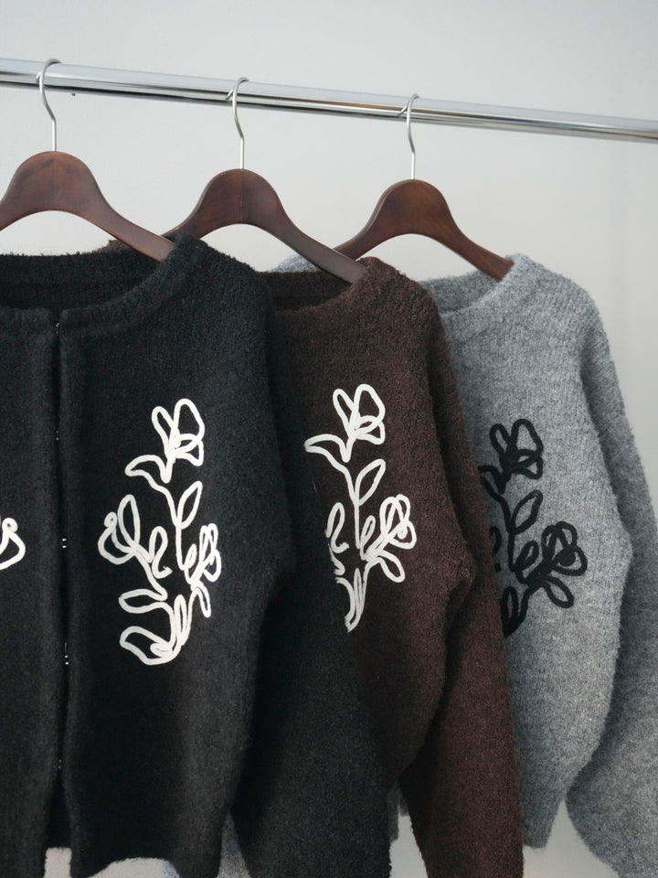 [SET]テープ刺繍ホック開きブークレニットカーディガン+ベルトループデザインワイドパンツ(2set)