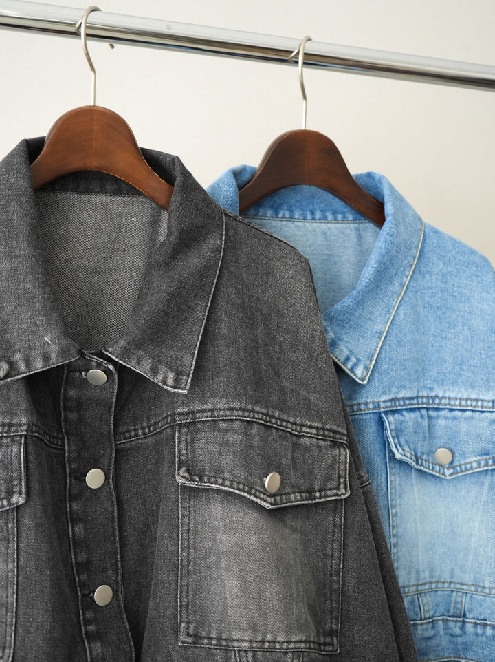 【套裝】牛仔短版襯衫外套+不對稱格紋蕾絲吊帶背心+流蘇半喇叭牛仔褲（三件套）