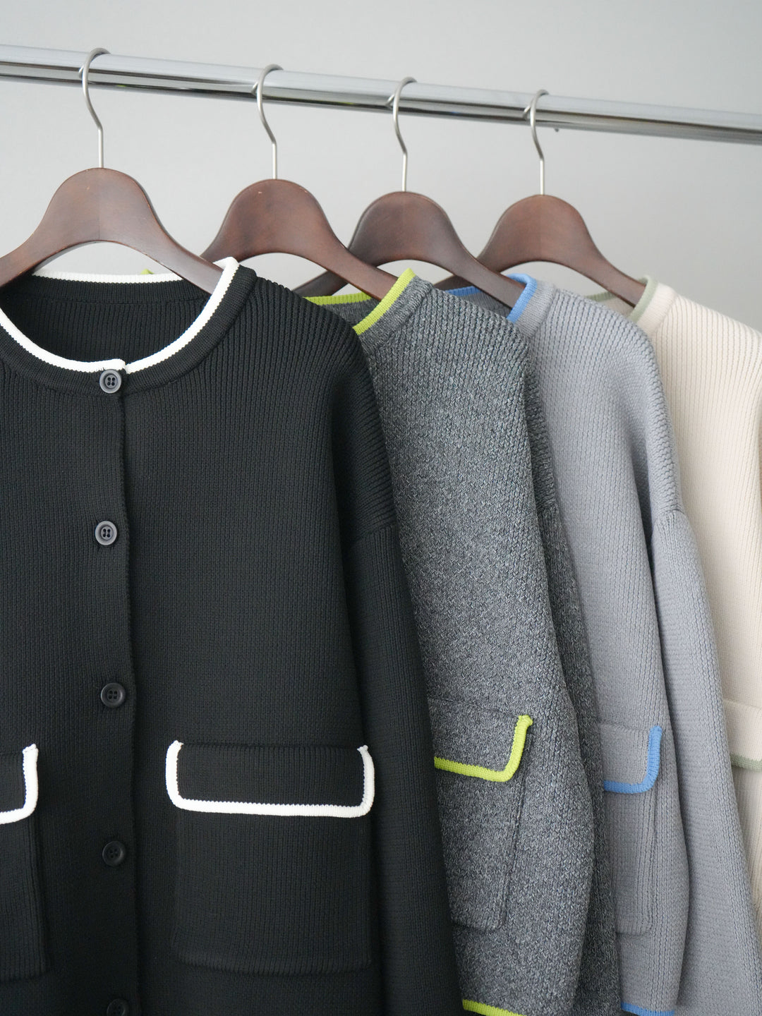 [SET]ポリエステル配色ニットカーディガン+ウエストレースタックワイドパンツ(2set)