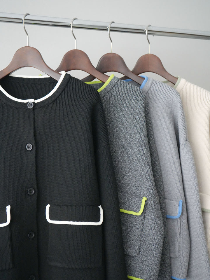 [SET]ポリエステル配色ニットカーディガン+ウエストレースタックワイドパンツ(2set)