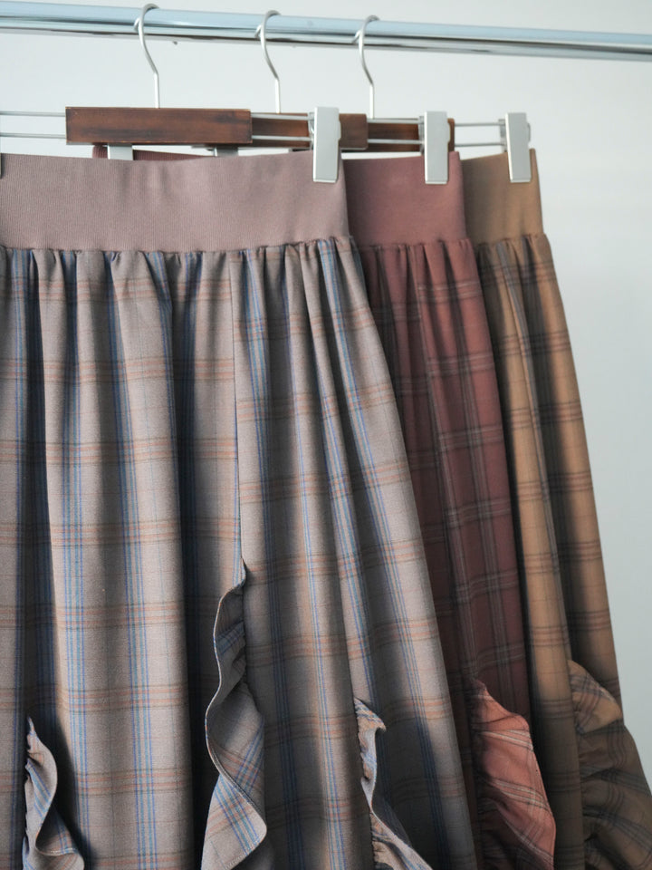 [SET]プチネックパワーショルダー起毛トップス+チェック柄フリルハイウエストマキシスカート(2set)