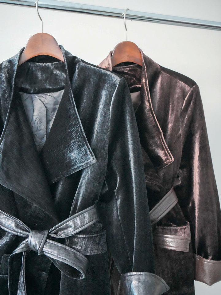 [SET]ベロアガウンジャケット+プチネックパワーショルダー起毛トップス+チェック柄フリルハイウエストマキシスカート(3set)