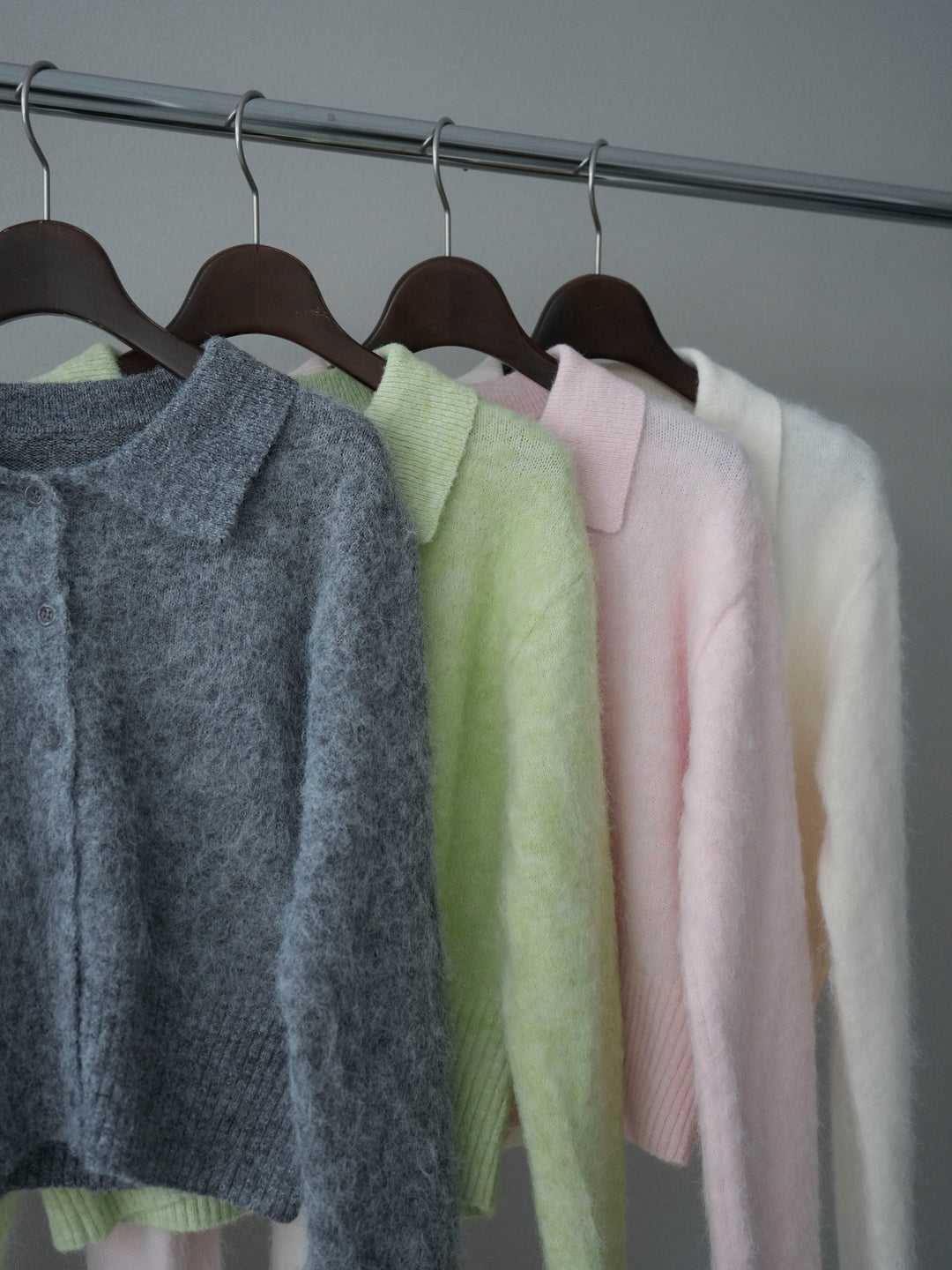 [SET]モヘア衿付きボタンプルオーバー+裏起毛裾フリンジワイドデニムパンツ(2set)