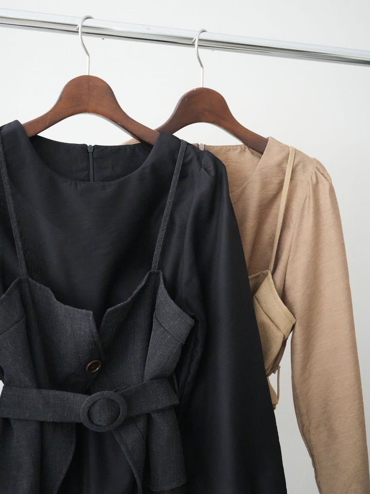 [SET]異素材ビスチェドッキングブラウス+ダメージデニムセミワイドパンツ(2set)